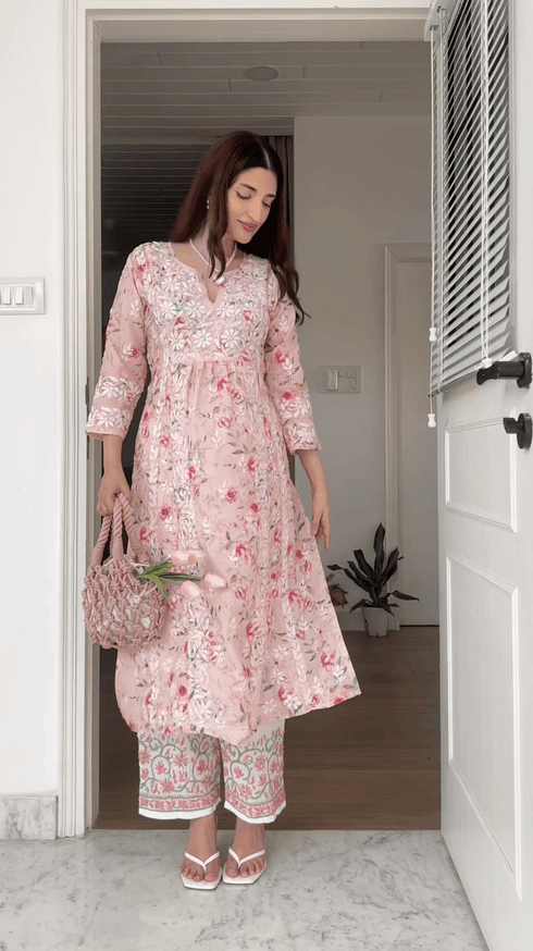 Farheen in Chikankari Long Kurta in Muslin Cotton for Women- Pink Print